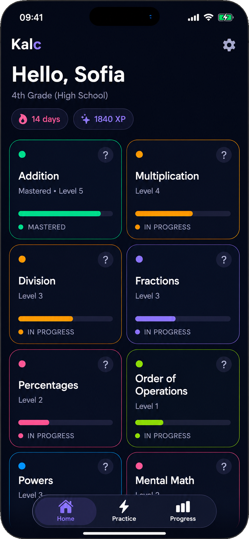 Kalc app on iPhone: dashboard showing progress per mental math skill.