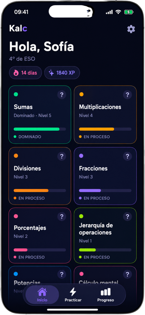 Aplicación Kalc en iPhone: panel de progreso por área de cálculo mental.