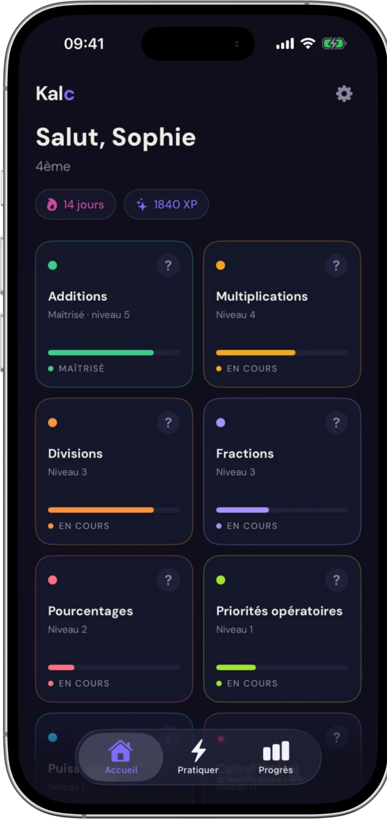 Application Kalc sur iPhone : tableau de bord avec progression par compétence en calcul mental, streak de 14 jours et 1840 XP.